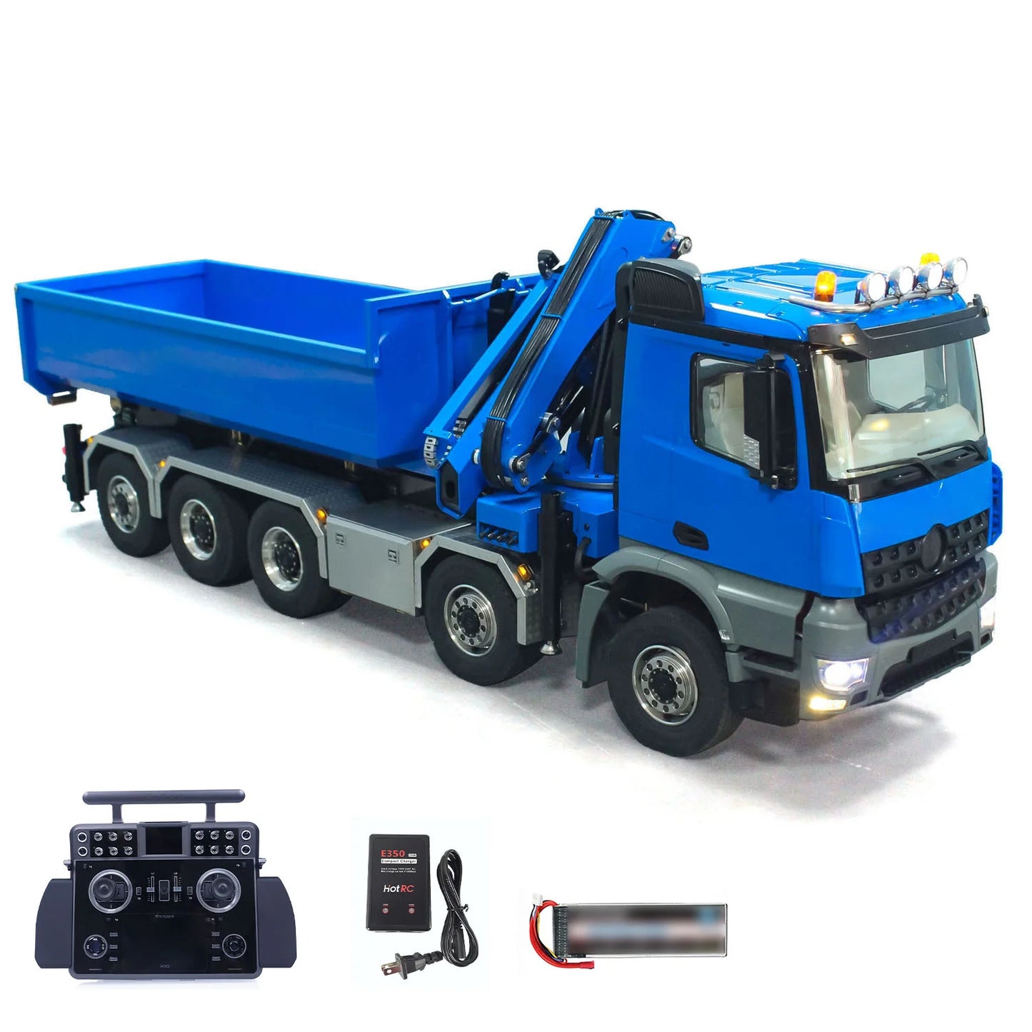 10x10 RC 1/14 Hydraulic Metal Crane Dump Truck Full Dumper Car Model Rear Axle Lifting U-shaped Bucket with Light Sound TH23566